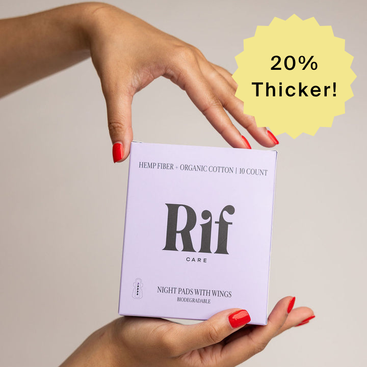 Person holding a box of 'Rif Care' night pads with a '20% Thicker!' label.