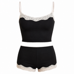 Rif care Venice Black lace-trimmed top and shorts set on a white background
