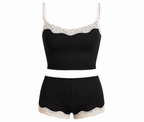Rif care Venice Black lace-trimmed top and shorts set on a white background